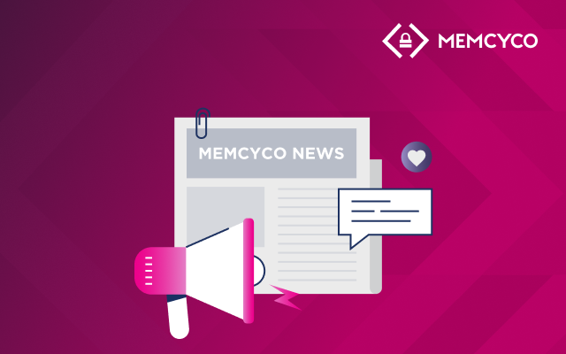 A graphic featuring a newspaper labeled "MEMCYCO NEWS," a megaphone, a chat bubble, and the Memcyco logo on a gradient pink background, highlighting real-time brandjacking protection.