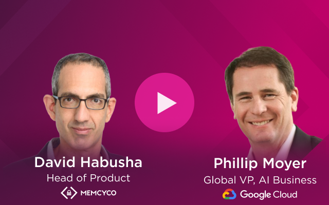 Split-screen graphic with David Habusha, Head of Product at Memcyco, and Phillip Moyer, Global VP for AI Business at Google Cloud, on a purple background. A play button sits in the center, hinting at a discussion on AI in cybersecurity and digital fraud prevention.
