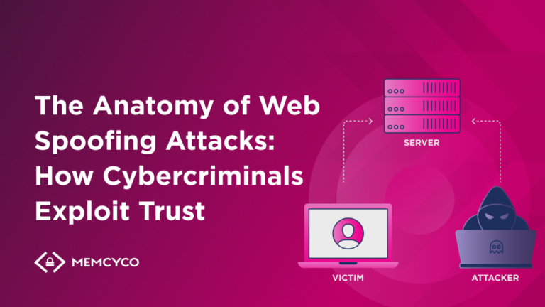 Infographic illustrating Web Spoofing Attacks: a server, a "Victim" computer, and a hooded "Attacker," highlighting how cybercriminals exploit trust in web environments.