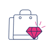 Outline of a backpack with a pink geometric diamond shape in front of it, emitting three accent lines—perfect for representing Retail or E-commerce brands.