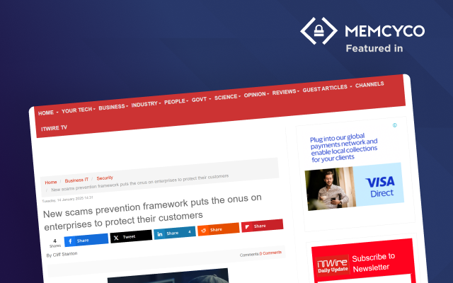 A news article on ITWire TV discusses a new scams prevention framework for enterprises; the page features advertisements and Memcyco's logo with "Featured in" text, highlighting enhanced security for customers.
