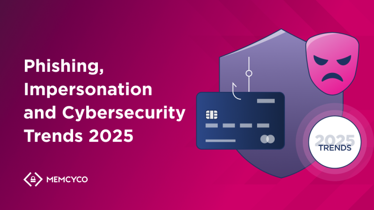A graphic highlighting Cybersecurity Trends 2025, featuring text "Phishing, Impersonation and Cybersecurity Trends 2025," alongside a shield, credit card, angry face icon, and a "2025 Trends" badge.