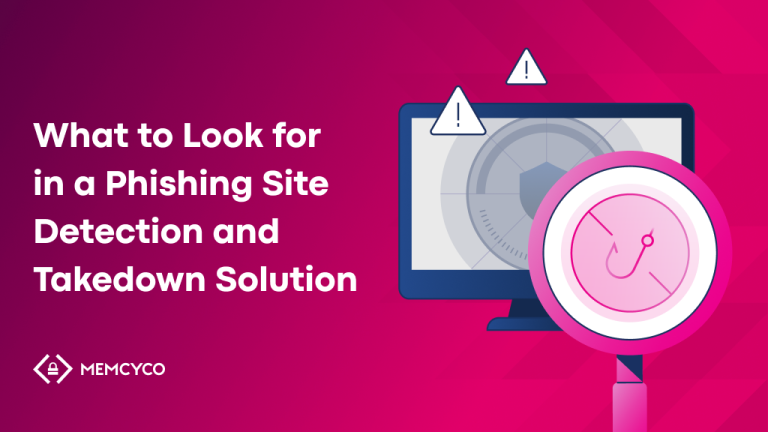 Illustration of a computer monitor with warning icons and a magnifying glass highlighting a phishing hook, alongside text about advanced phishing site detection and takedown solutions.