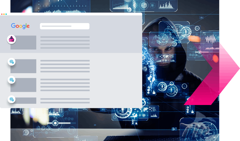 A person in a hoodie is seen behind digital security graphics and a web search interface, hinting at cybersecurity threats like SEO poisoning or hacking use cases.